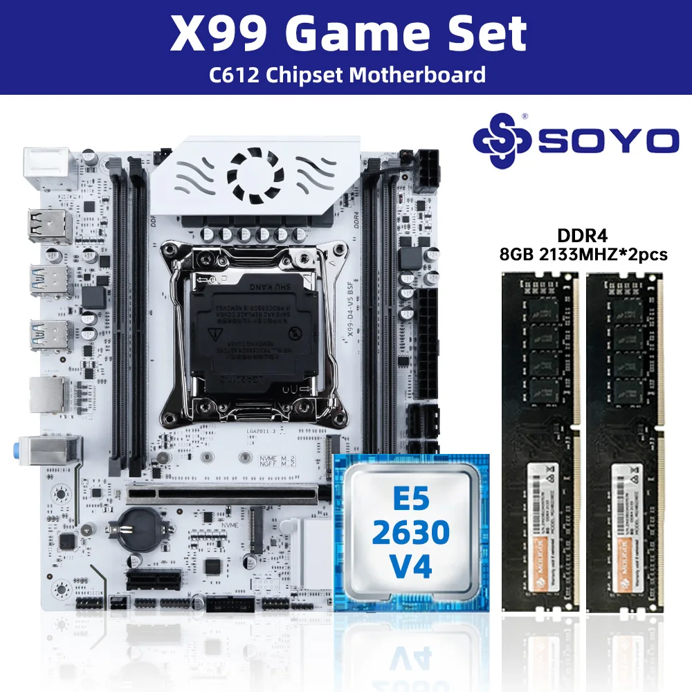 

SOYO White X99 Motherboard Kit with E5-2630 V4 CPU and DDR 2133MHZ 8GB*2=16GB RAM LGA2011-3 C612 Chipset Dual Channel DDR4 M.2