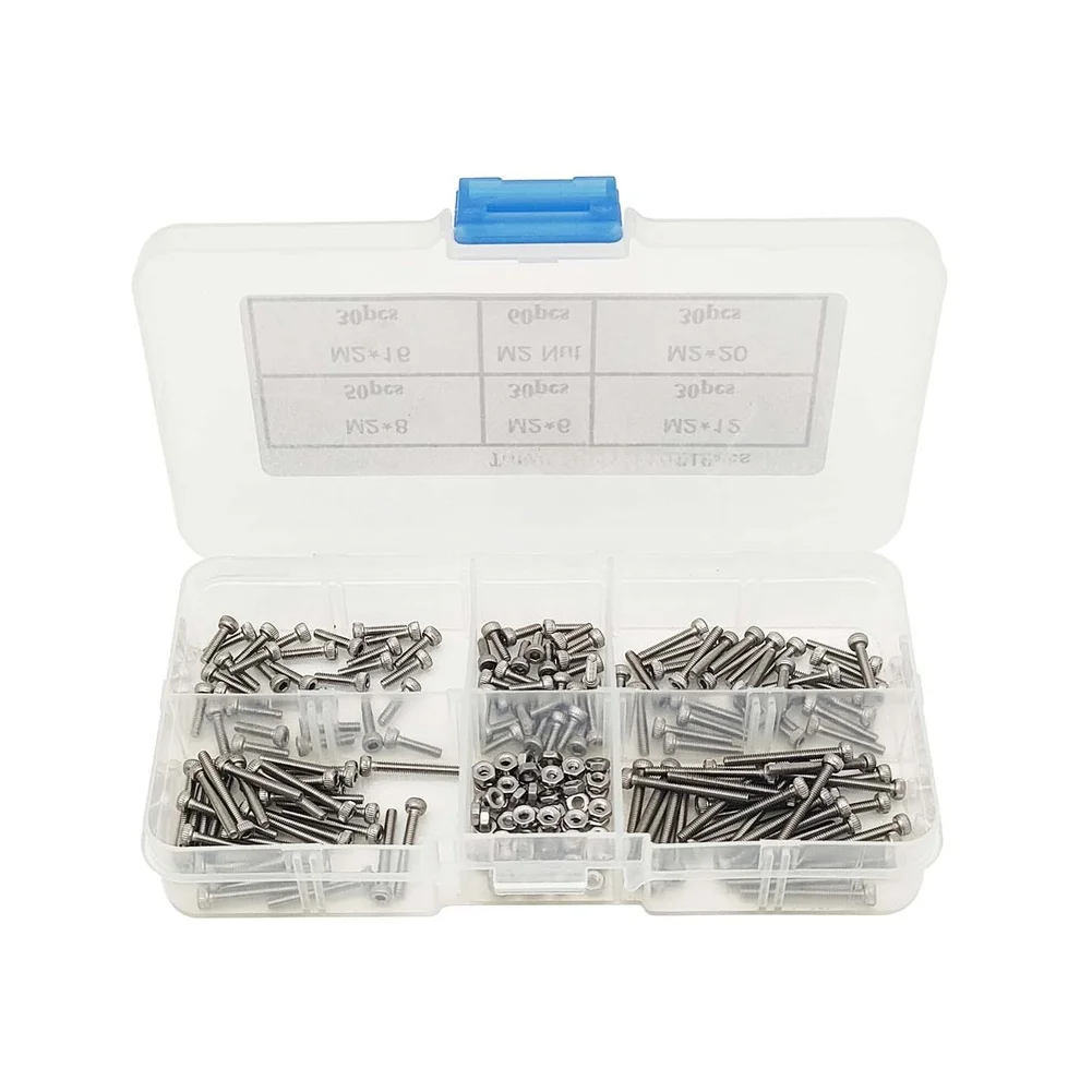 210 pcs SS304 Stainless Steel Cylindrical Head Hex Socket Screws M2x6/8/12/16/20 and M2 Nuts Fastener Collection