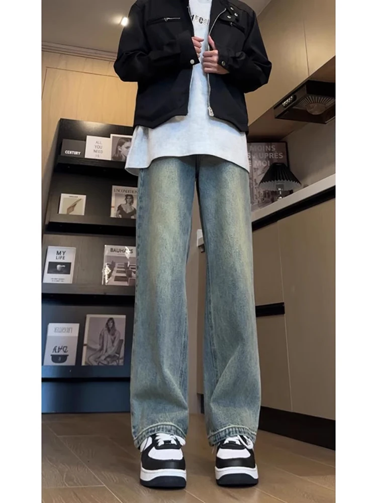 

Retro Blue Bell Bot Jeans American High Street Vibe Men's Haome Straight Leg Pants Slimming Skinny Version Cotton Denim