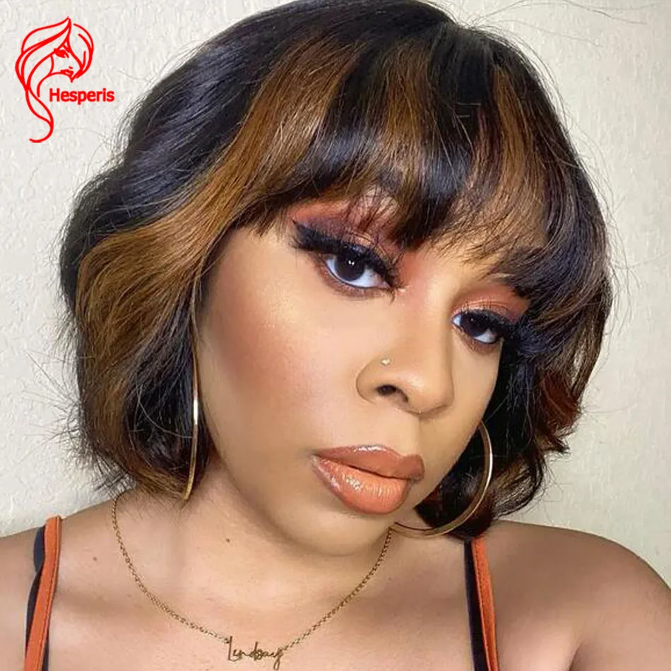 

Hesperis Brown Highlights Medium Bob Human Hair Wig with Bangs Short Wave Scalp Top Full Machine No Glue Wigs Wear And Go