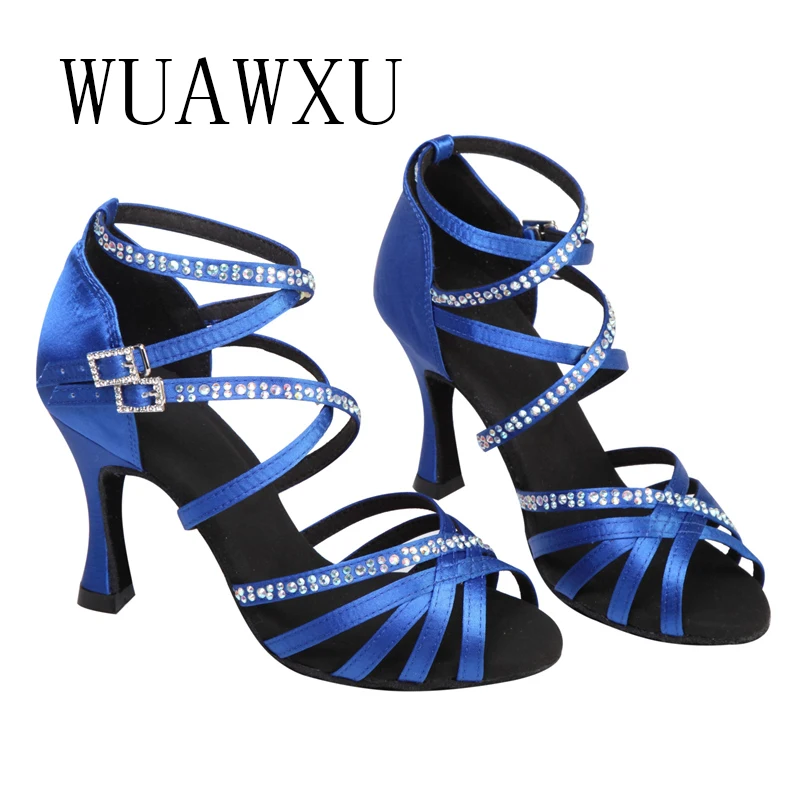 New Latin Dance Shoes Inlaid with Diamond Satin Blue 9cm High Heel Female Adult Soft Sole Social Dance Cha Rumba De