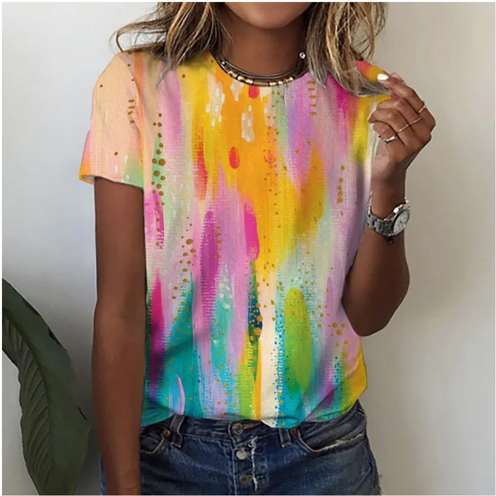 Watercolor Rainbow Gradient T-shirt 3D Printed T-shirt Women's Fashion O-neck Short Sleeve Trendy Graffiti T-shirt Women's Wear