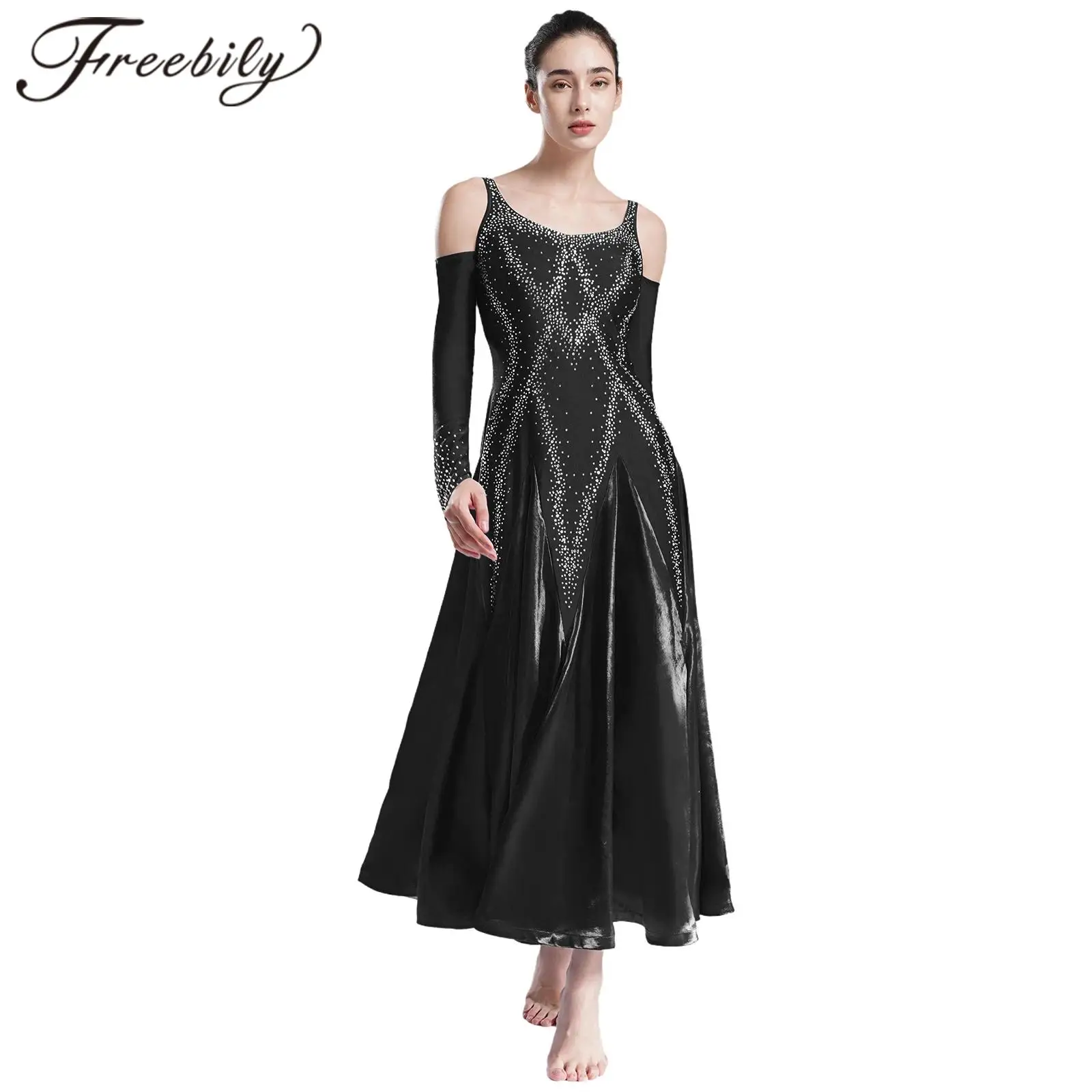 

Womens V Neck Ballroom Dance Costume Backless Cold Shoulder Dress Lyrical Dancewear for Waltz Modern Dancing Performance Costume