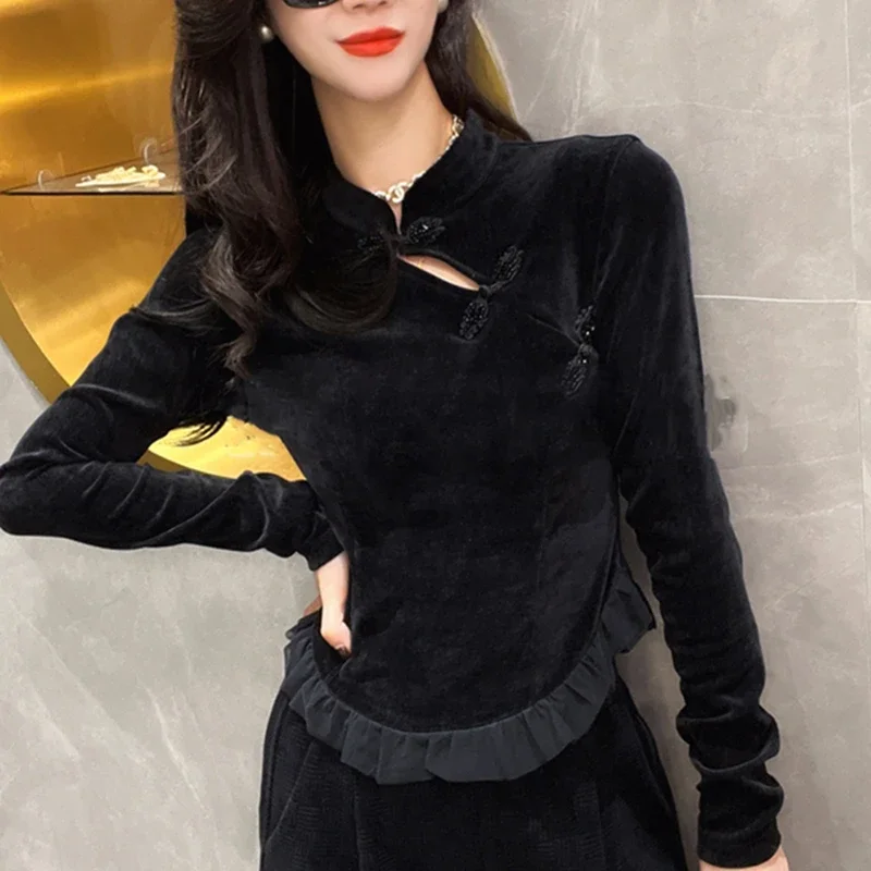 

Retro Buckle Small Stand Collar Ruffle Spliced solid Color Gold Velvet Top Women's New Shirt