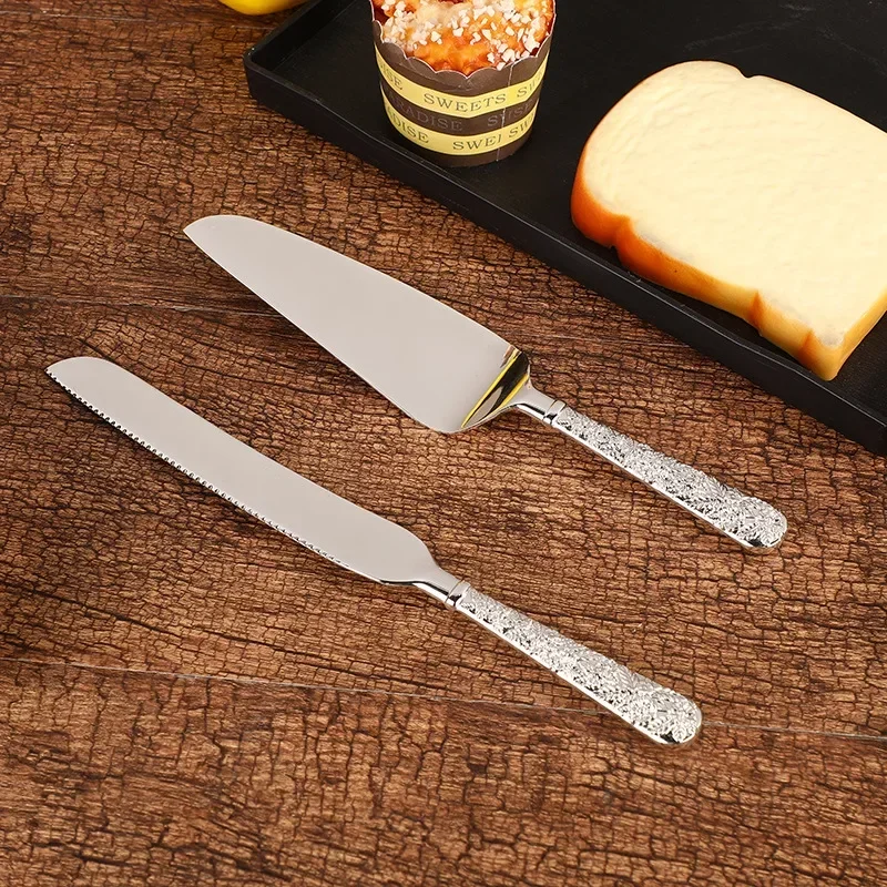 1 Set Luxury Royal Cake Pizza Dessert Kitchen Tool Carving Tableware Silver Cutlery Kirsite Rose Cake Knife Long Handle Shovel