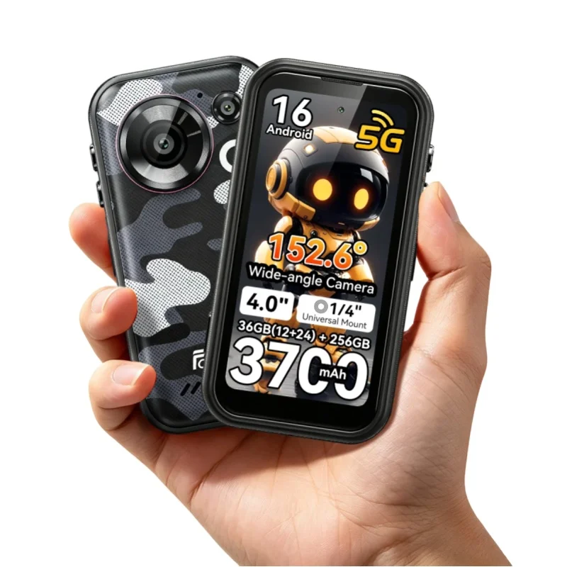 FOSSiBOT F116 Pro 5G Mini Robustes Smartphone Dimensity 7300, 36GB(12+24)+256GB, 4" HD-Bildschirm, 3700mAh 33W Ladung, Android 16, 152.6 °   Weitwinkel 50MP+48MP OIS+32MP, IP68, LED-Licht,