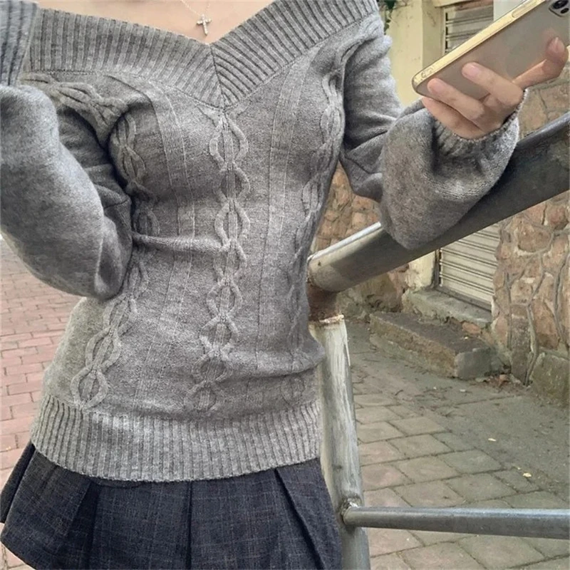 Top in maglia con scollo a V moda vintage autunnale donna dolce pullover moda casual coreano elegante maglione a maniche lunghe sexy sottile nuovo
