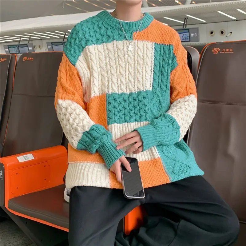 American Retro Patchwork Pullovers Knitted Autumn Winter O-Neck Men\'s Clothing Casual Loose Fashion Contrasting Colors Sweaters