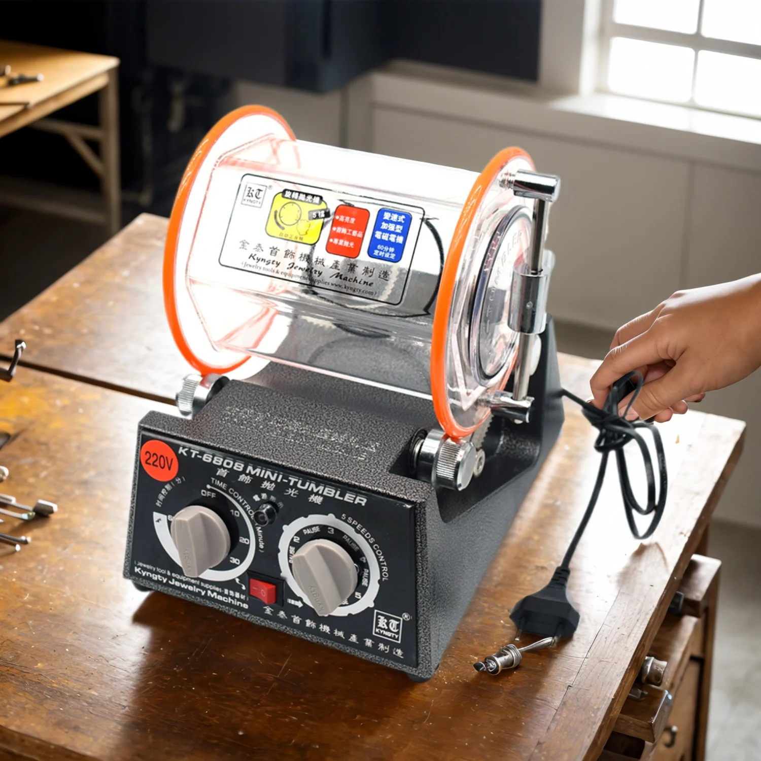 

KT-6808 Professional Jewelry Polishing Machine 3kg Transparent Barrel Rotary Tumbler with High-Speed Motor for Gold Silver Metal