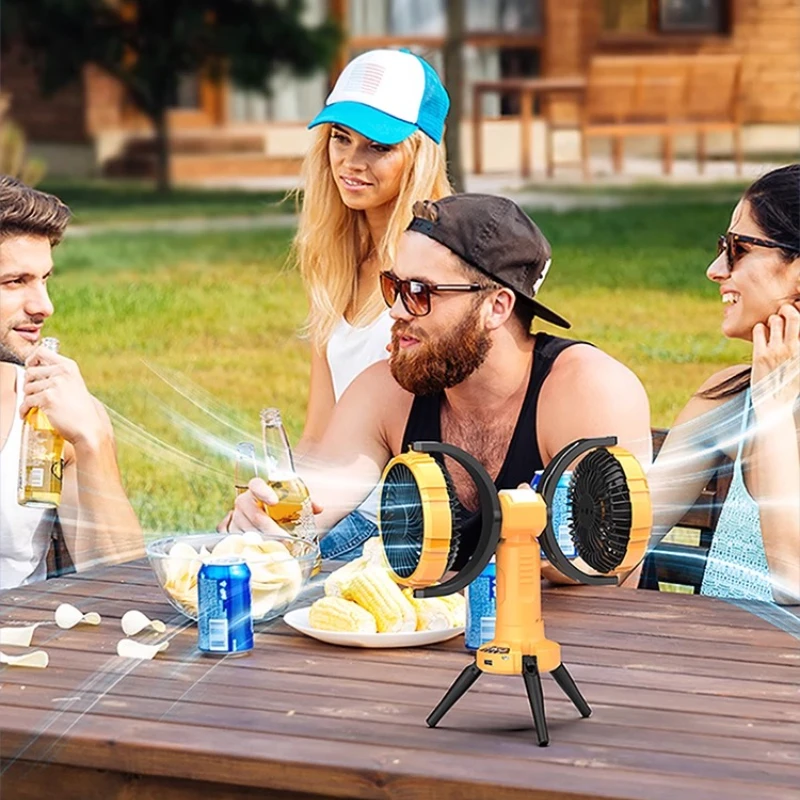 พัดลมแคมป์ปิ้งแบบ Dual Head พร้อมไฟ 360 °   พัดลมตั้งโต๊ะแบบชาร์จ USB หมุนได้ 3 โหมดลม การทํางานที่เงียบเป็นพิเศษสําหรับใช้เต็นท์/เดสก์ท็อป