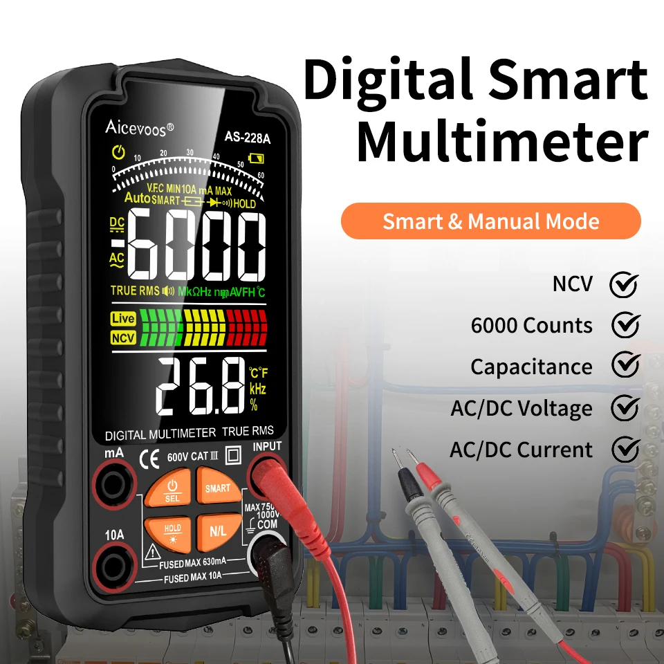 

Aicevoos Digital Smart Multimeter,6000 Counts,TRMS,Auto Range,AC/DC Voltage Current Tester, Electrical Professional Multimetro