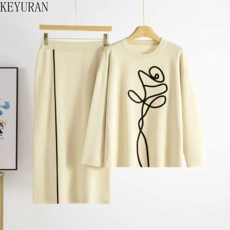 Koreaanse Elegante Bloemen Gebreide 2-delige Sets Vrouwen 2025 Herfst Winter Truien Trui en Hoge Taille Rok Sets Outfits