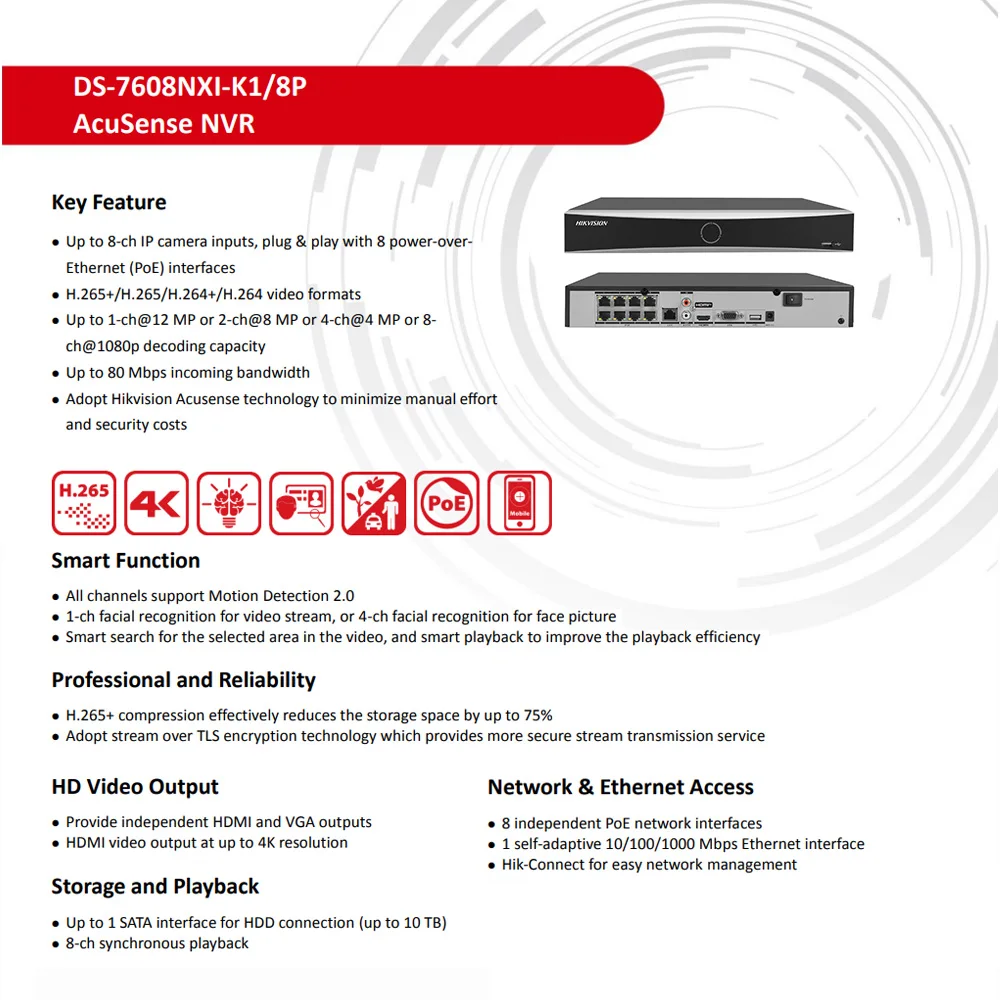 Hikvision NVR 8-ch PoE 1U AcuSense 4K NVR DS-7608NXI-K1/8P 8-ch Camera inputs Network Video Recorder Support Third-party Camera