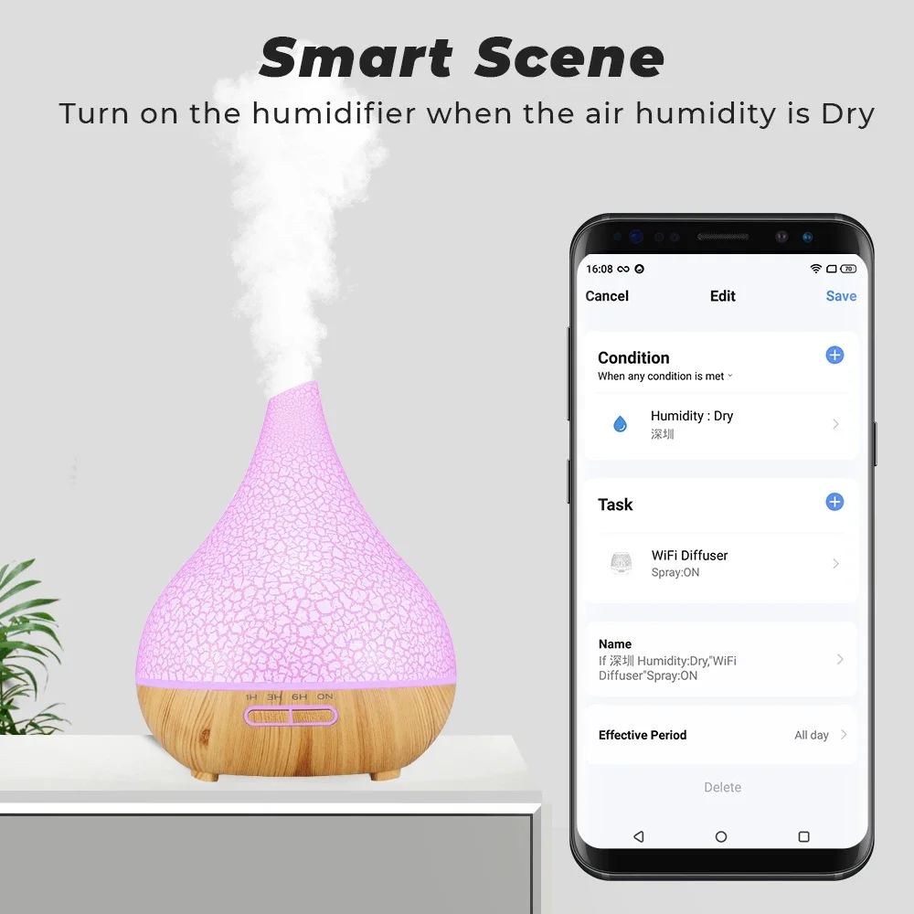 WIFI Control Humidifier 400ml Essential Oil Aroma Diffuser Remote Control Air Cold Mist Purifier 7 Color Light for Home Office