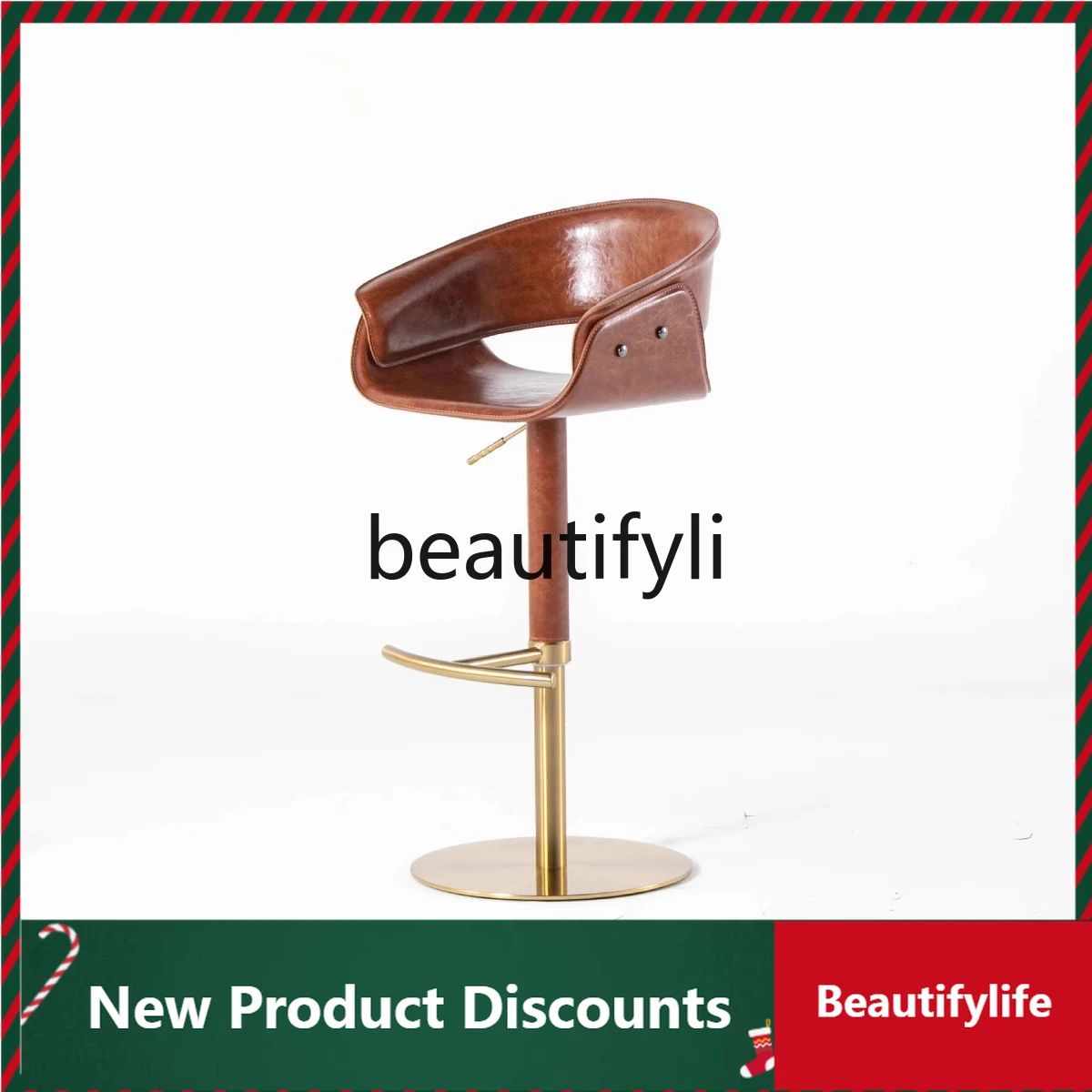 

Vintage Style Stainless Steel Rotating Adjustable Bar Stool Saddle Leather High Stool Home Island Bar Chair