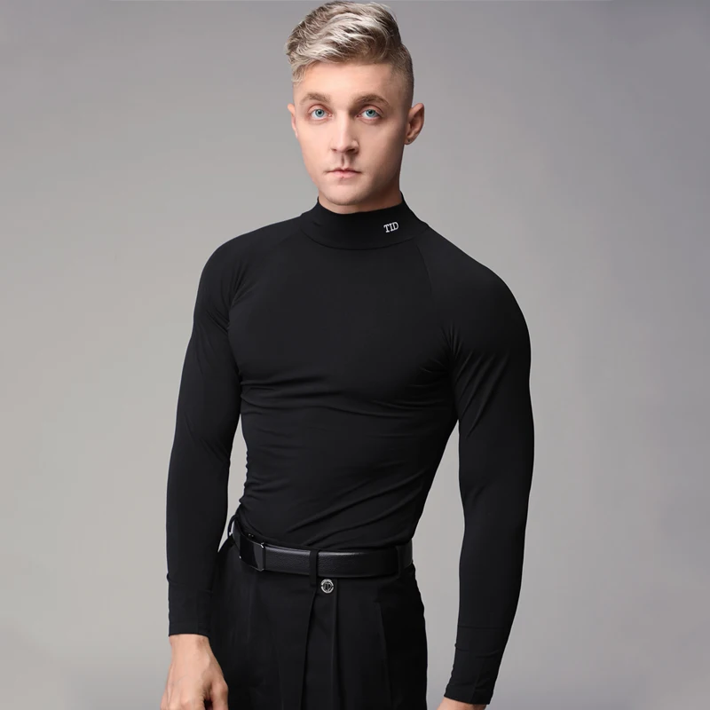 Fashion Male High Collar Modern Dancing Top Black Long Sleeved Ballroom Dance Tops Men Performance Latin Dance Shirt SL9593