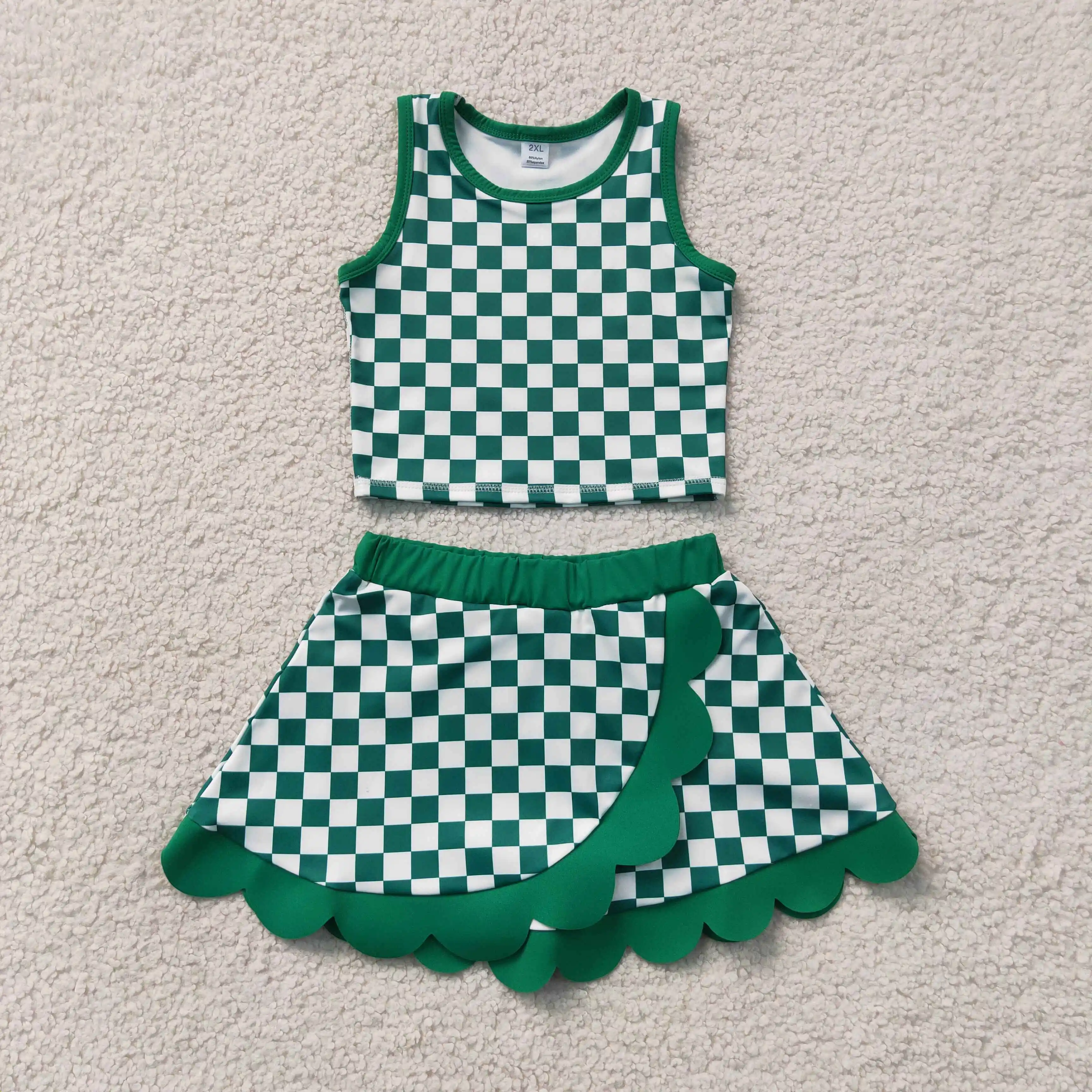Wholesale Baby Girl Yoga Active Clothing Toddler Shirt Green Checked Skirt Shorts Kids Skort Set Athletic Summer Clothes