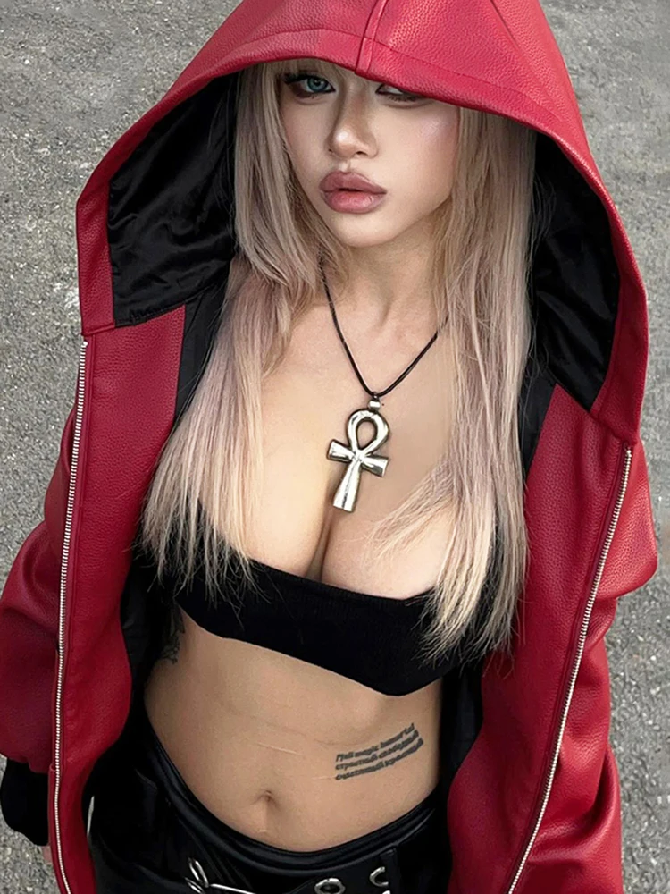 

Sisterlinda Y2K Leather Zip Hooded Jacket Women Print Patchwork Full Sleeve Streetwear Hipster Hottie Locomotive Style Crop Coat