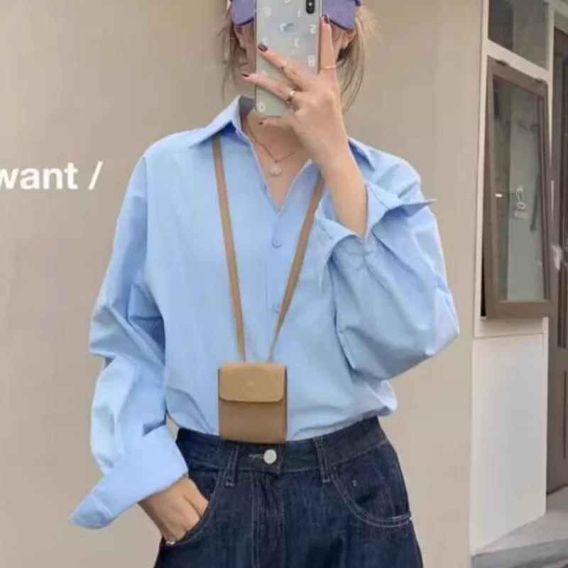 

Women's Cotton Shirt Casual Spring Summer Wear Flattering Blue Color Loose Fit Lapel Collar Long Sleeve Versatile Cotton Shirt