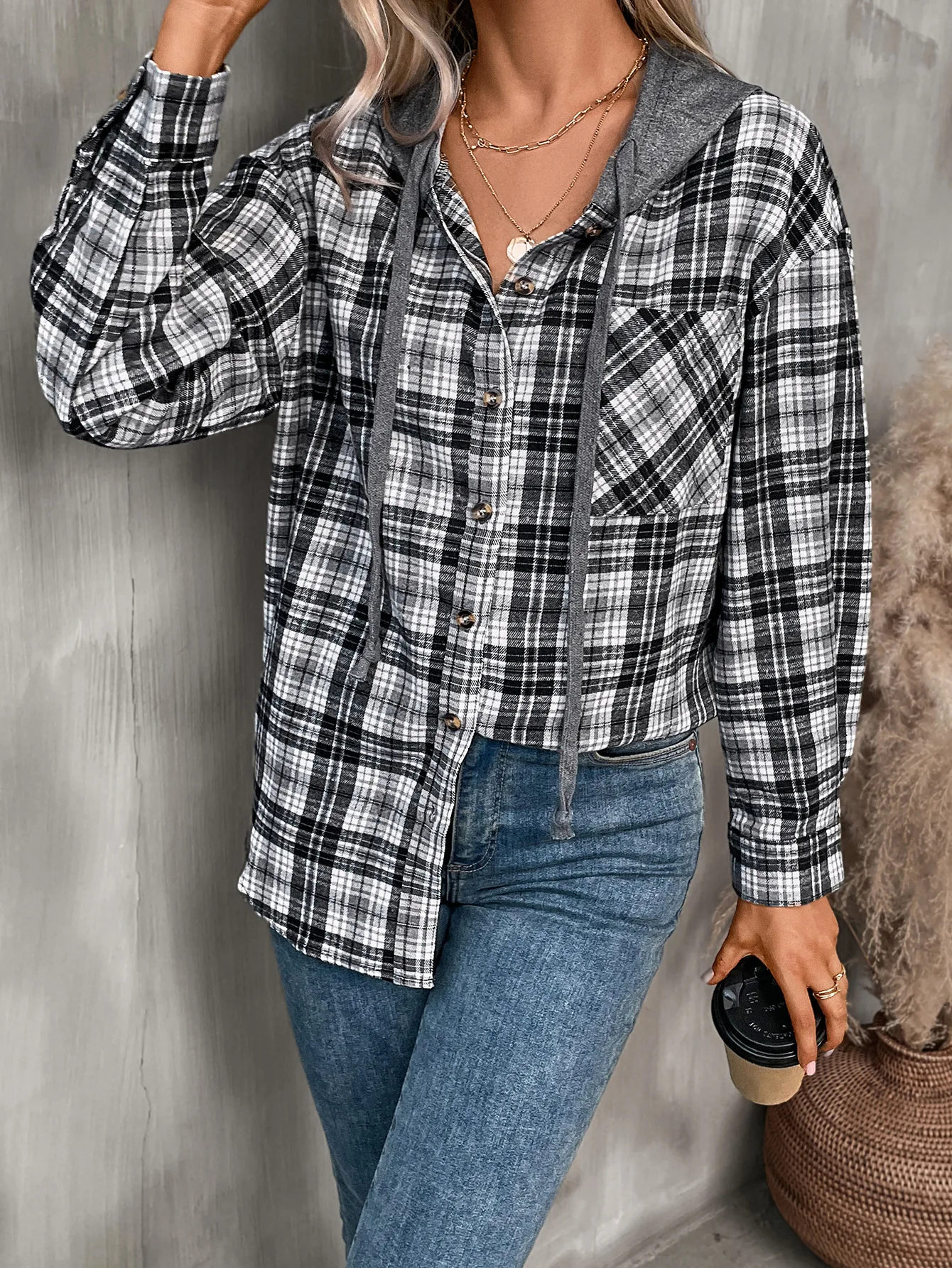 2026 women's autumn and winter new long sleeved pocket hooded jacket casual fashion oversized loose checkered printed coat