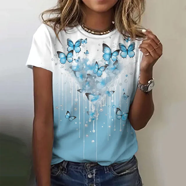 2024 New Women\'s 3D Butterfly Pattern Print Women\'s O-Neck T-Shirt Harajuku Y2k Fashion Casual T-Shirt Oversized Loose Top