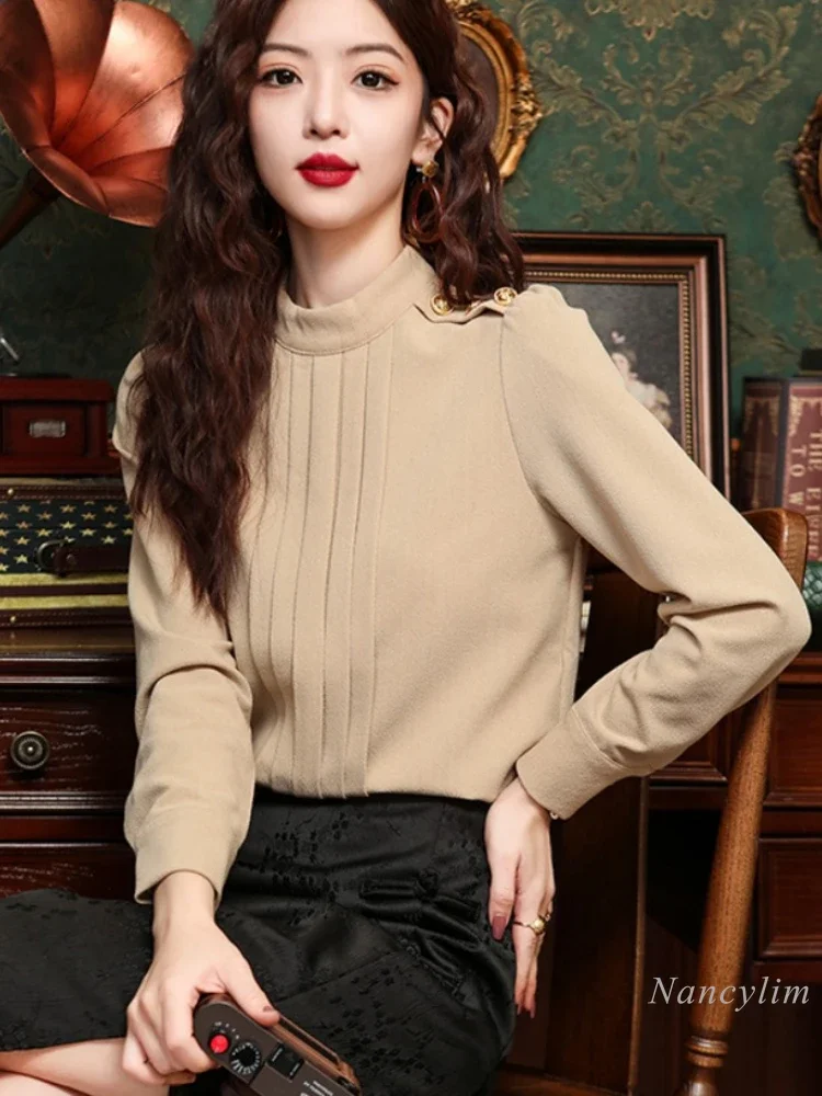 

European Women's Autumn Khaki Shirt 2024 New High-end Chic Top Long-sleeved All-Matching Bottoming Shirts Blouse