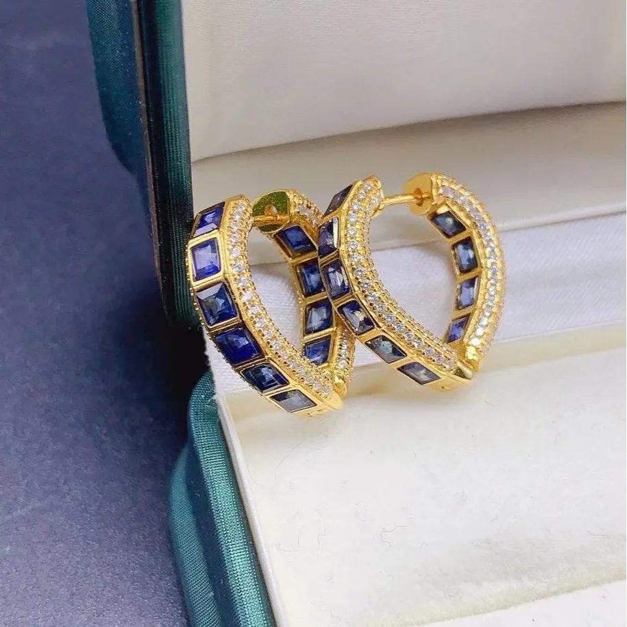 

Natural Sapphire Earrings, 925 Silver 18K Gold Plated Precision Setting Heart Shape, Luxury Blue Gemstone Gift