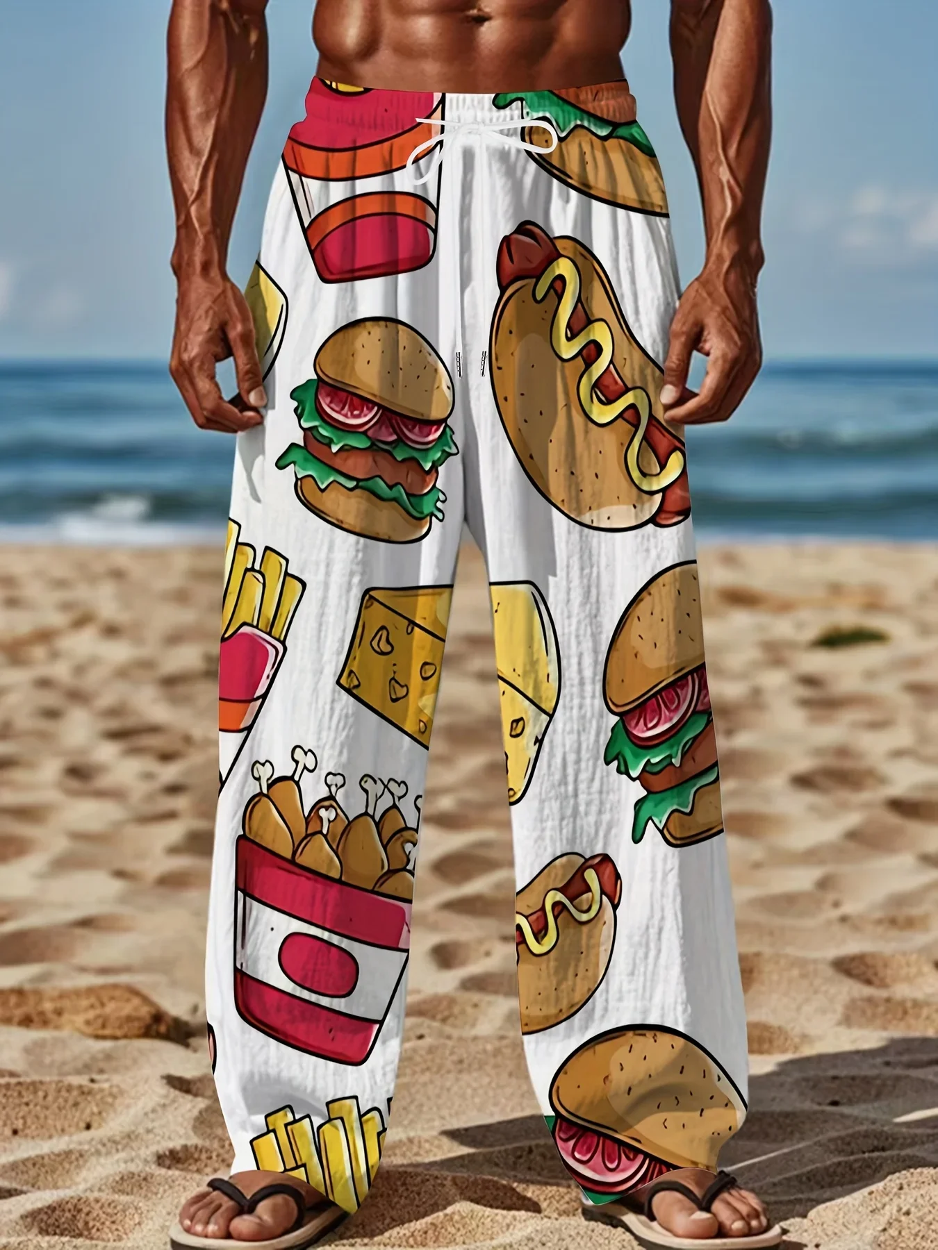 Men's Black Casual Loose-Fit Straight-Leg Pants Vibrant Fast Food Print Retro Streetwear Style Machine Washable Comfort