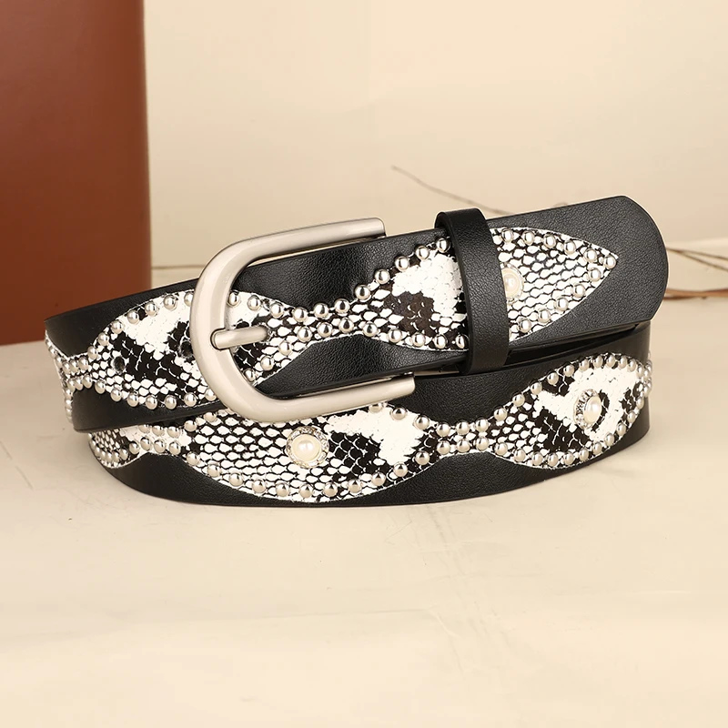 Trendy Punk Y2K Snake Print Belt with Pearls & Studs, PU Leather Waistband for Both Men and Women, Perfect for Jeans and Dresses