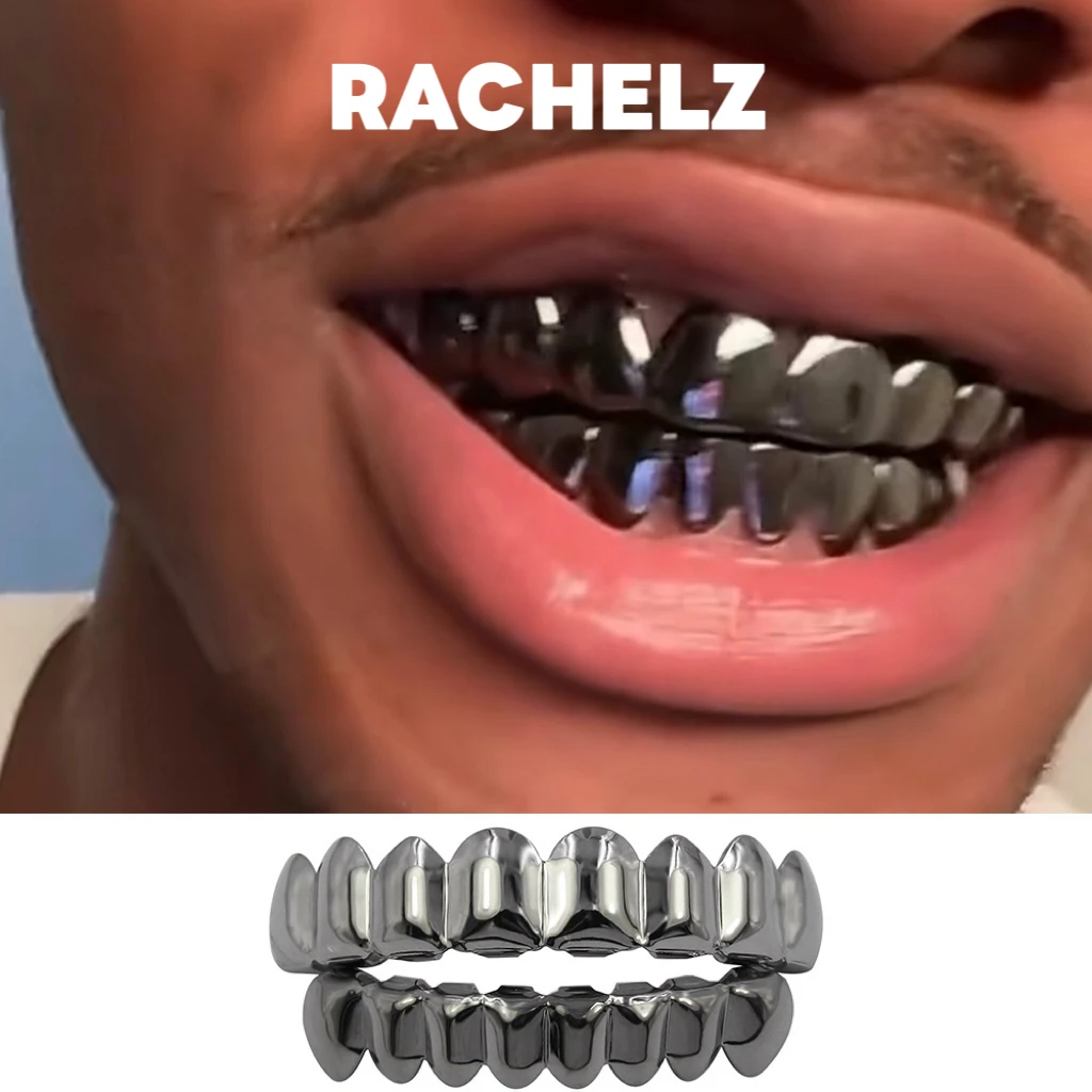 RACHELZ 8/8 Grillz dentaire noir lisse haut de gamme, style Hip Hop, pour hommes et femmes, bijoux dentaires, cadeau