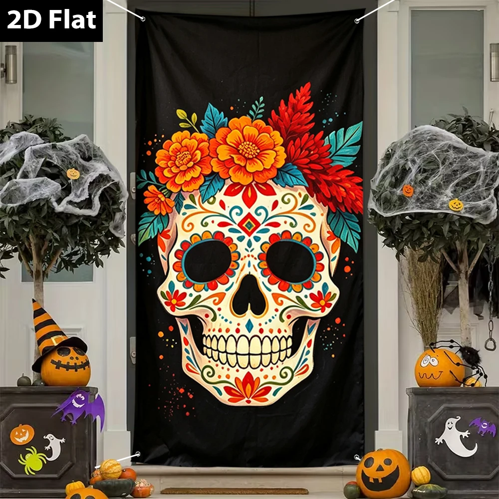1 Stück Tag der Toten Zucker-Schädel Türbanner Ringelblumen-Blumen-Schädel-Wandteppich Schwarz Dia De Los Muertos Festival Dekoration Hintergrund