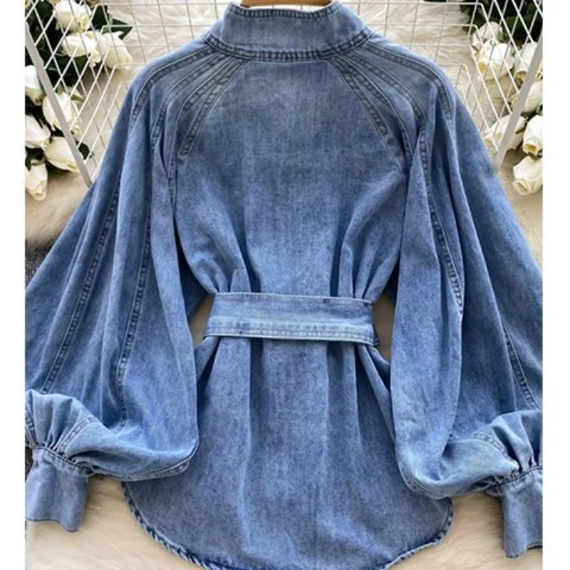 Women's Fall Winter Tops Tied Denim Shirt Light Cooked Belt Casual Designed Vintage Niche Skinny Fashion  Brand Simple Premium