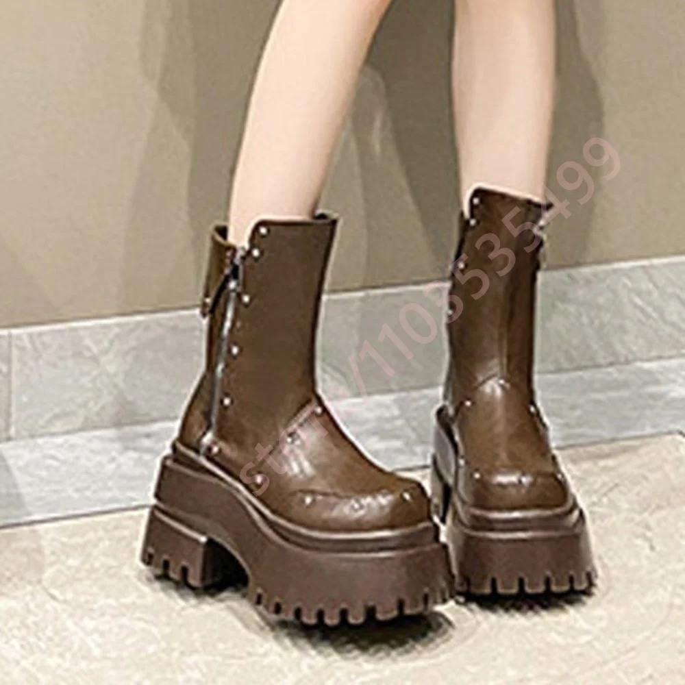 Punk Platform Motorcycle Boots 2026 New Round Toe Street Rock Ankle Boots Black/brown Fashion Women's Party Casual Studded Boots