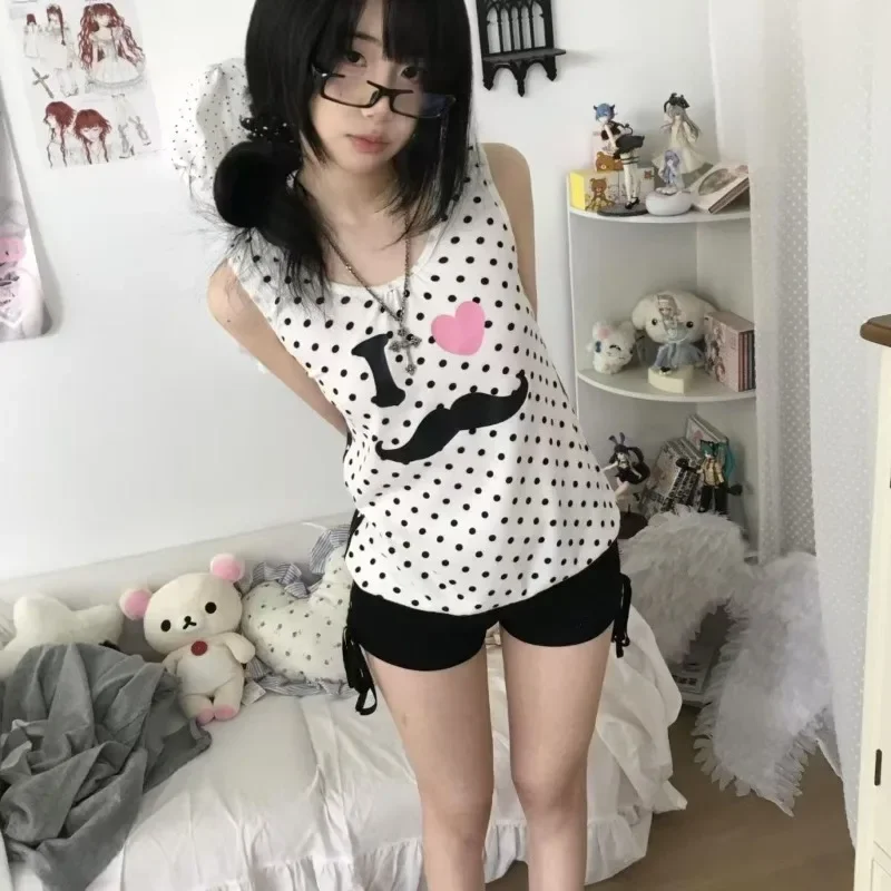 

Women's Y2k Vest Japanese Subculture Kawaii Printed Sleeveless Tanks Top Polka Dot Design Sweet Girl Tees Women's Cute Clothing