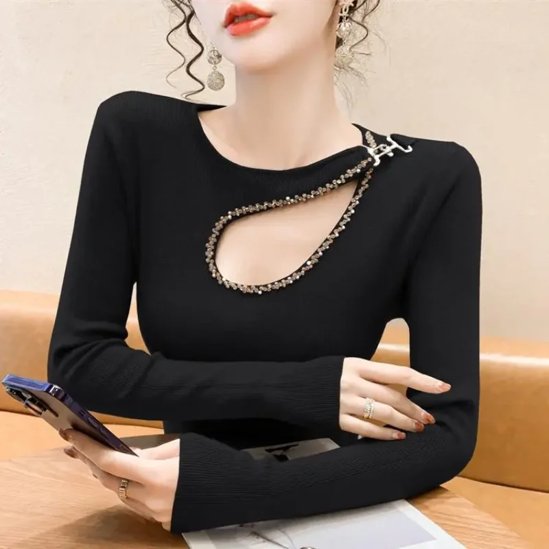 

Вязаный низ, женская осенне-зимняя внутренняя одежда с нишевым дизайном, открывающий ключицу свитер с длинными рукавами, тонкий топ