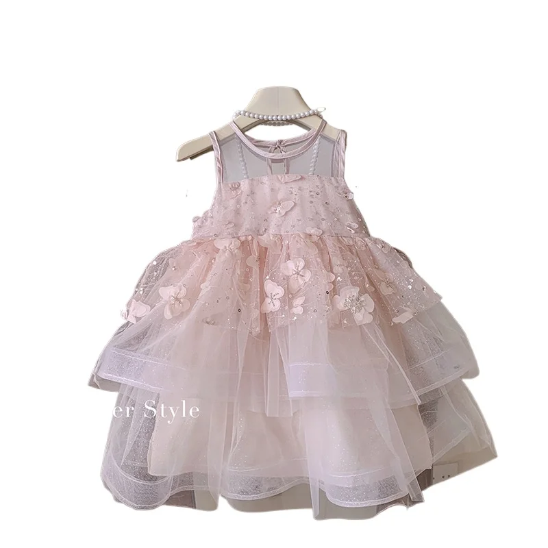 New Summer Little Girls Elegant 3D Butterfly Mesh Cami Dress, Cute Fairy Princess Party Dress for 90-140cm