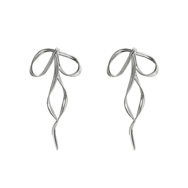 Korean Design Fashion Simple Silver Color Metal Line Bow Earrings Elegant Big Long Bowknot Drop Earrings Female Party Jewelry
