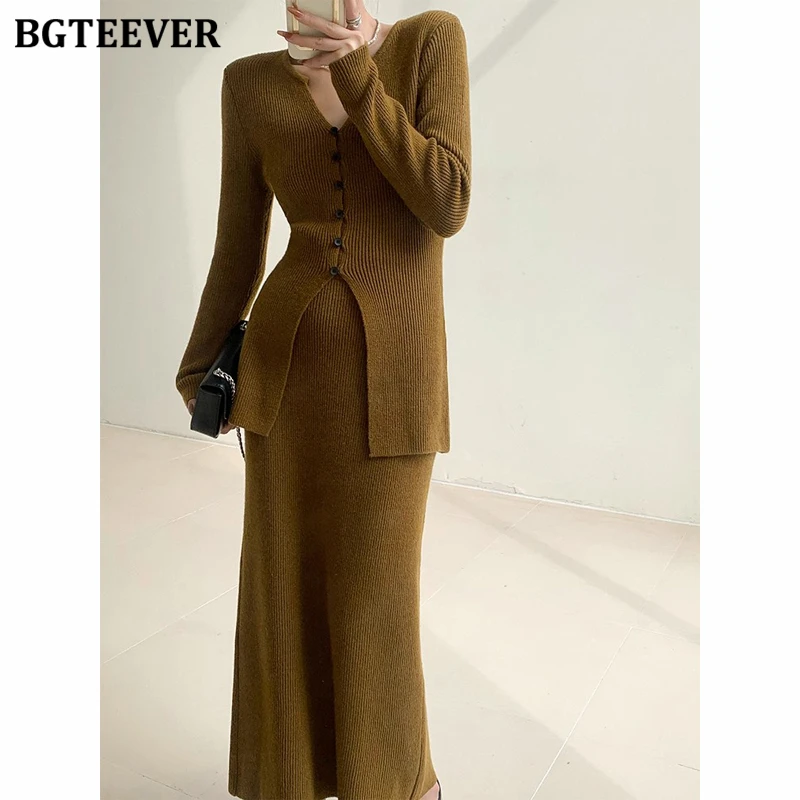 BGTEEVER Autumn Winter Vintage Slim Ladies Skirt Set V-neck Single-breasted Cardigans Sweaters Women Package Hip Skirts