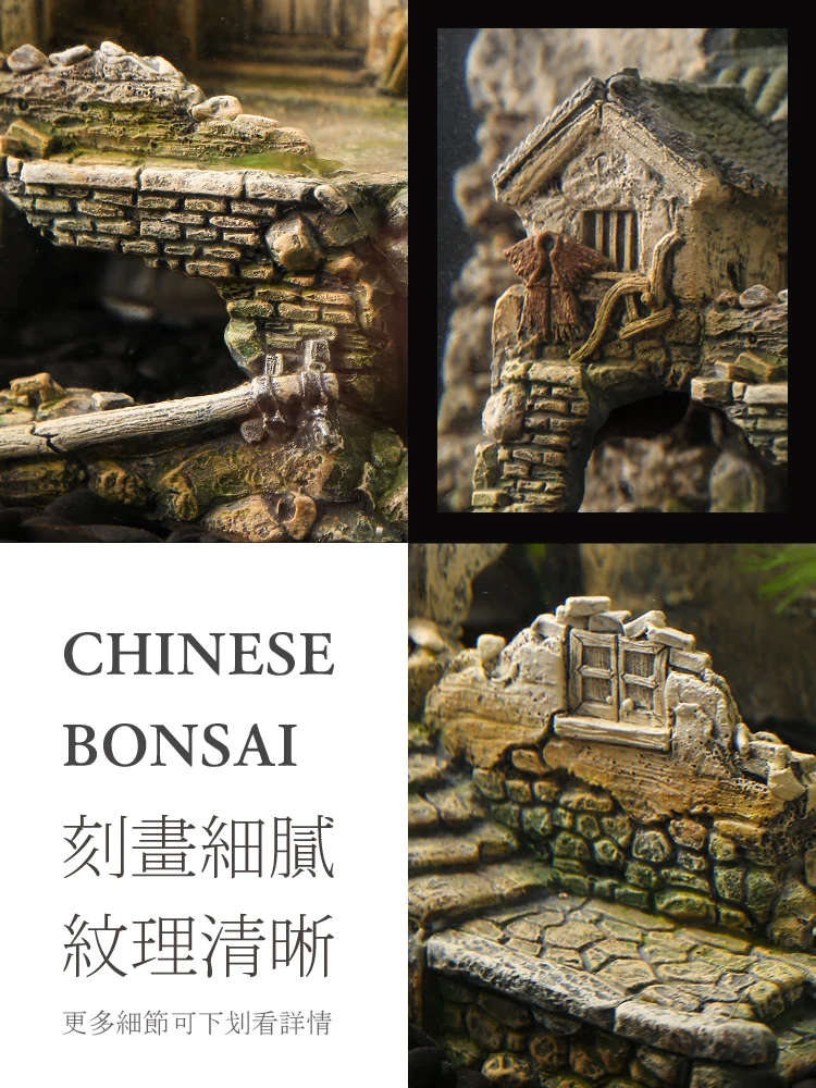 Fish Tank Decoration Chinese Resin Waterproof Nostalgic Hand-Painted Creative Grass Tank Micro Landscape Ancient Building Model