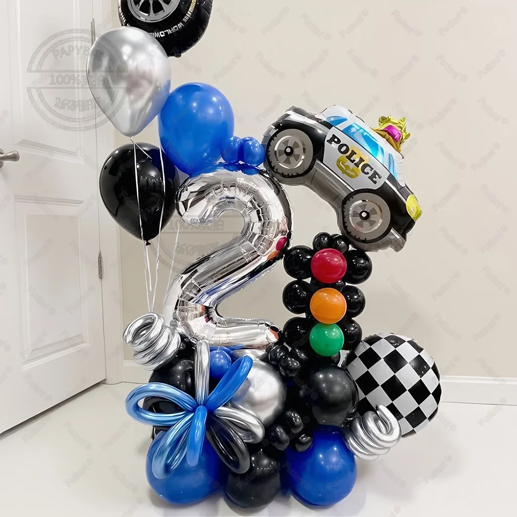 55pcs Police Car Birthday Balloons Giant Car Police Foil Balloon 32inch Number Balloon 3th 4th Birthday Police Themed Party