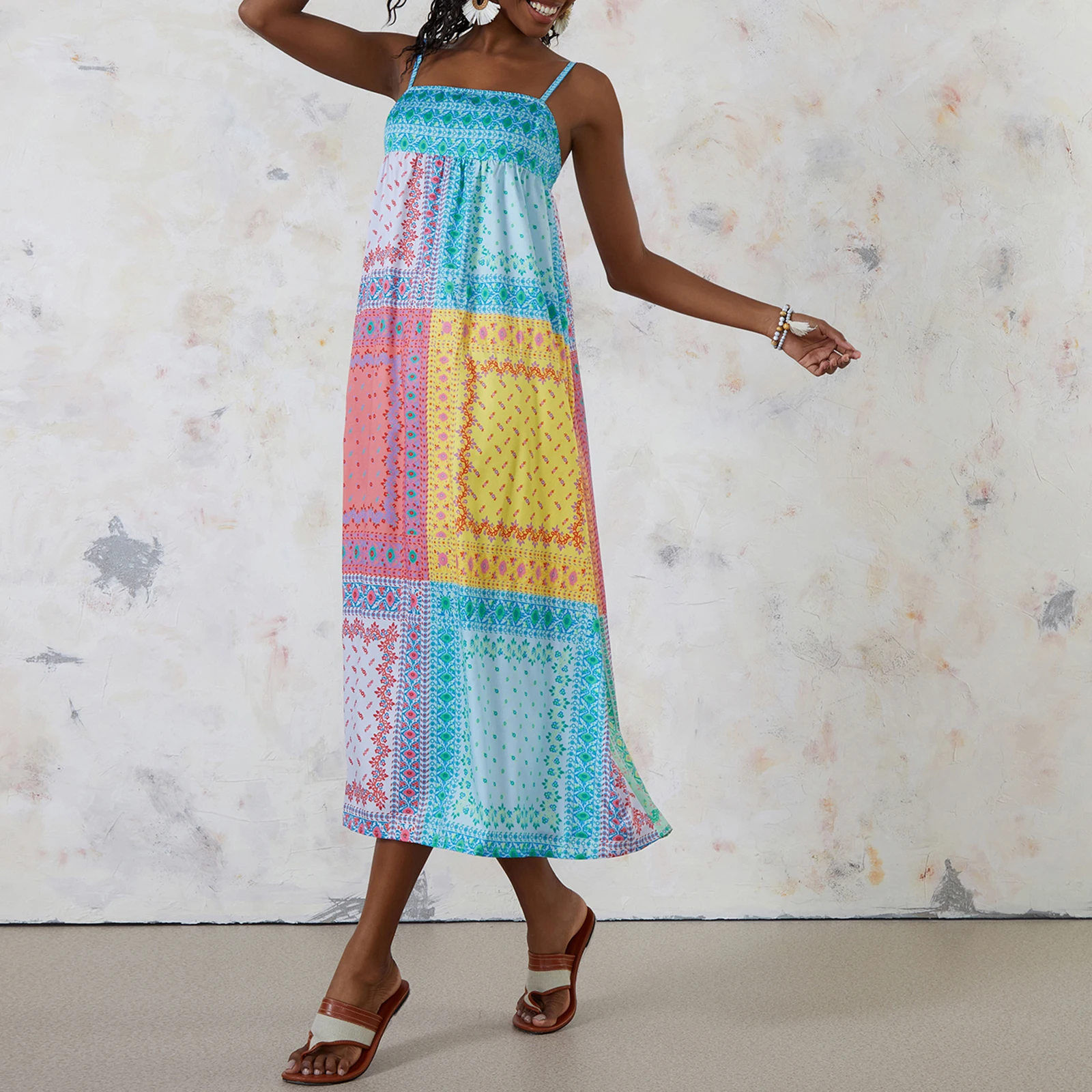 

Summer Bohemian Long Dress Women’s Sleeveless Spaghetti Strap Border Print Dress Flowy Holiday Beach Dress