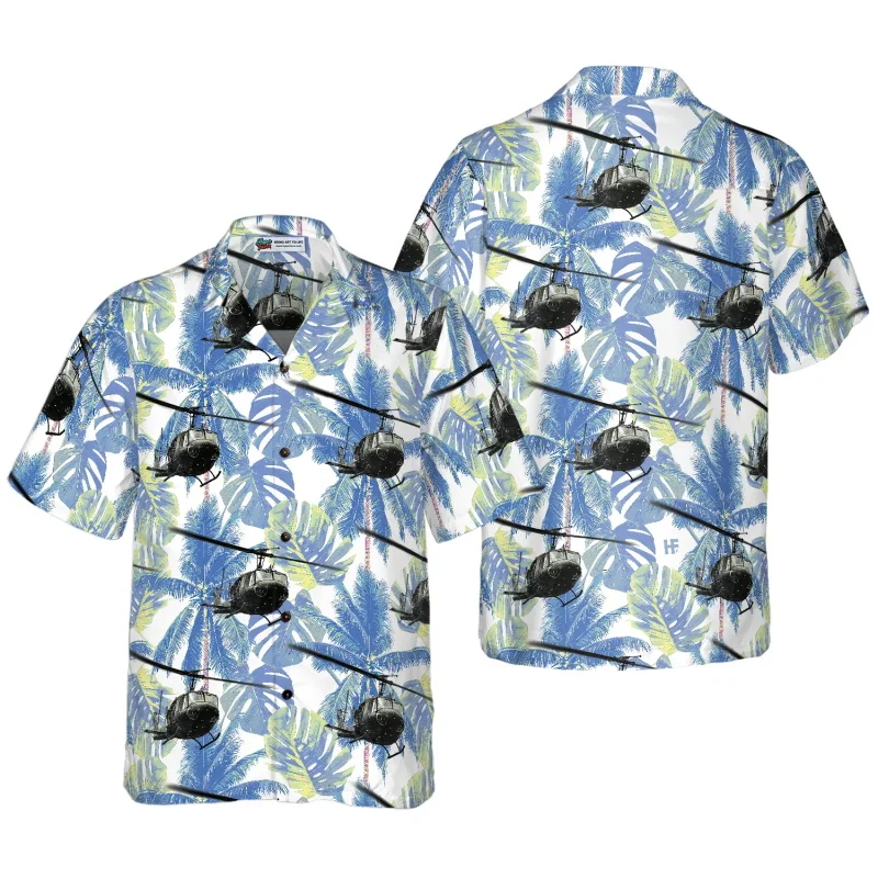 

Men's Helicopter Print Hawaiian Shirt Helicopter Tropical Graphic Short Sleeve Button Down Shirt Casual Veteran Beach Shirt