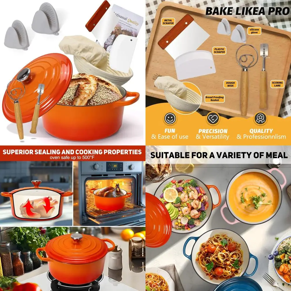 

Enameled Cast Iron Bread Oven with Proofing Basket for Baking, Heavy-Duty Cookware for Braising, Stews, Roasting (Orange)