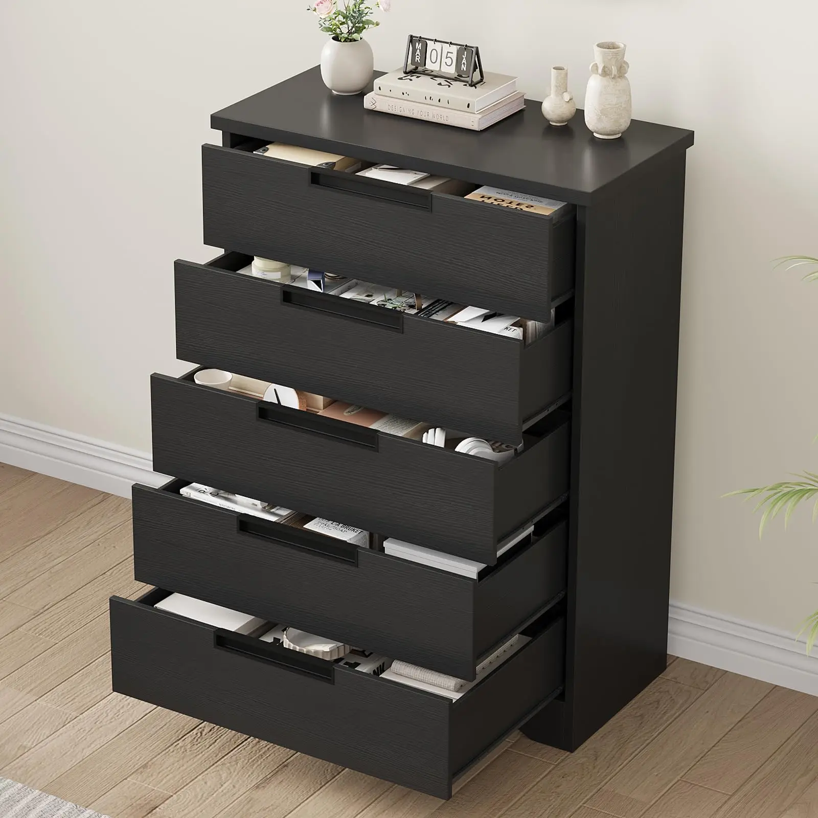 5-Drawer Wooden Dresser - Modern Storage Furniture for Bedroom, Living Room, Hallway & Nursery - Recessed Handles, Spacious, Versatile