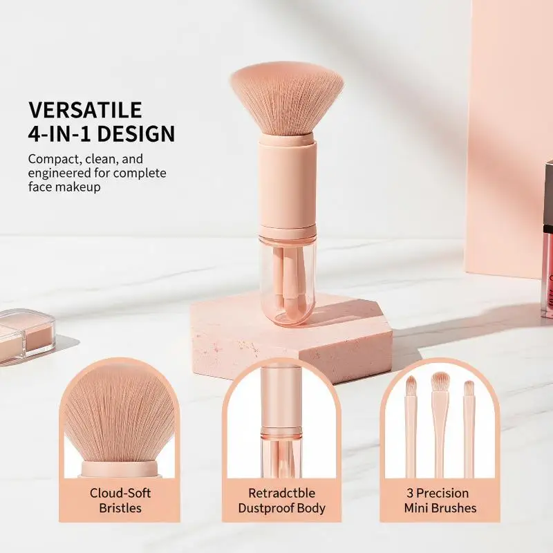 4 In 1 Retractable Mini Soft Makeup Brush Set Professional Portable Travel Cosmetic Brushes for Lipstick Powder