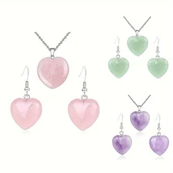 1 set Natural Stone Rose Quartzs Heart Earrings Necklace Pink Crystal Dangle Earring Eardrop Women Party Wedding Jewelry Heart