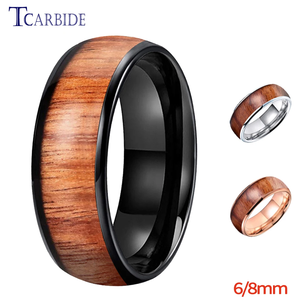 6mm 8mm Koa Wood Inlay Ring Mens Womens Black Tungsten Wedding Band Domed Polished Party Anniversary Stylish Gift Jewelry