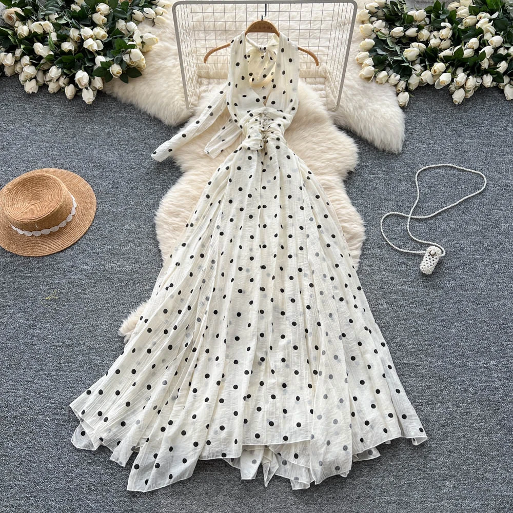 

Шикарное винтажное платье с открытыми плечами в горошек, элегантное сказочное корейское модное женское платье, богемное платье