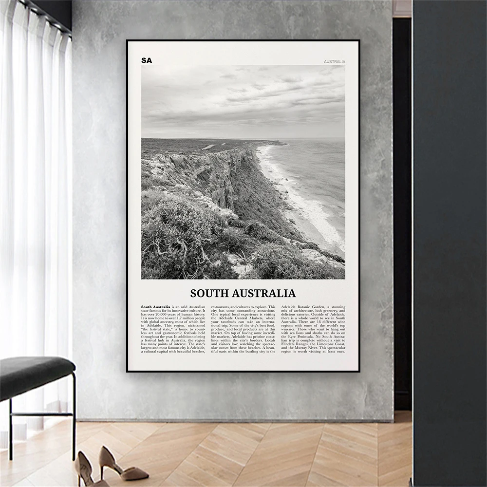 Black White Travel Poster South Australia Print ustralia Landscape Coordinates Canvas Painting Vintage Reading Room Decoration