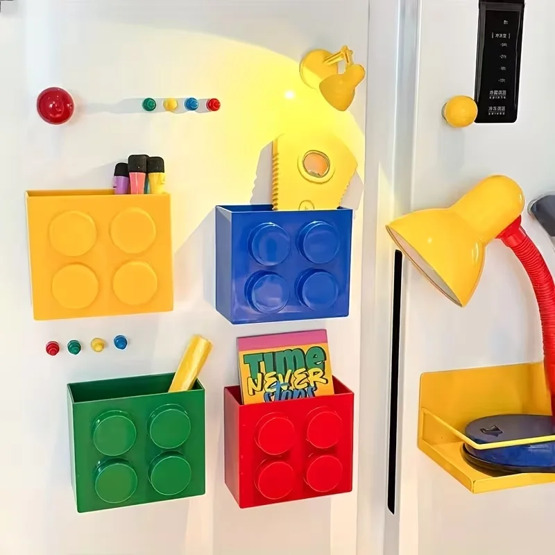 1Pc/4Pcs Building Blocks Refrigerator Magnetic Absorption Box Plastic Kitchen Straw Spoon Plastic Wrap Storage Rack Home Decor